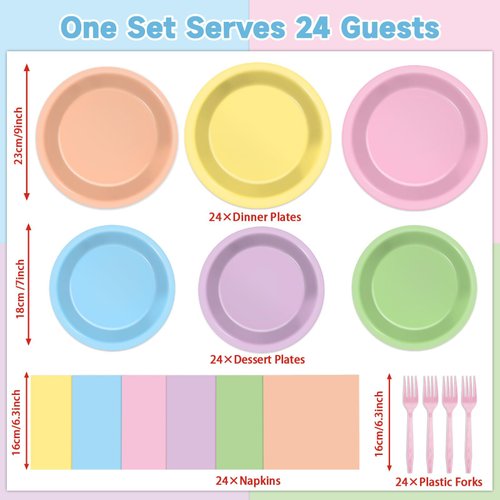 ojustbeok 96 Pcs Pastel Party Supplies Paper Plates Pastel Plates and Napkins Disposable Pastel Party Decorations for Birthday Wedding Baby Shower Party Colorful Dessert Tableware Set for 24 Guests