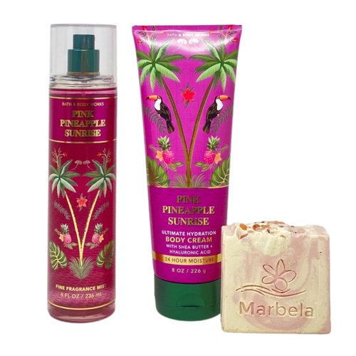 Bath & Body Works Pink Pineapple Sunrise Duo Bundle - Fragrance Mist and Body Cream - with a Himalayan Salts Springs Bar Soap - Full Size