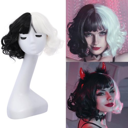 BERON Black and White Short Wig Curly Bob Wigs with Bangs Wavy Hair Wigs Women's Synthetic Wigs for Halloween Cosplay Party or Daily Used