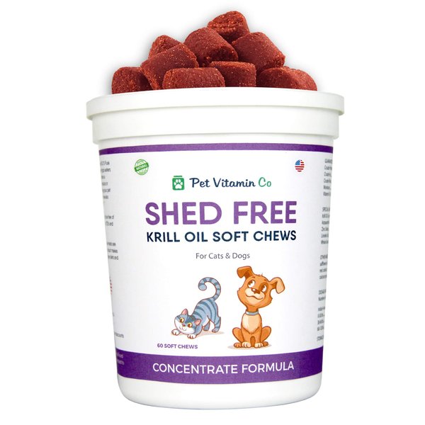 Pet Vitamin Co - Krill Oil Shed-Free Soft Chews for Dogs - Reduce Shedding & Itching - Rich in Omega 3 & Antioxidants - Improves Skin & Coat - Made in USA - 60 Soft Chews