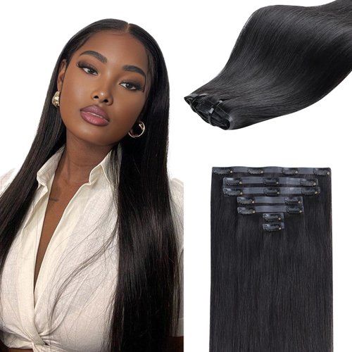 IDN BEAUTY Seamless Clip In Hair Extensions Human Hair, Straight 14 Inch 110g 7pcs Natural Black Real Virgin Human Hair Seamless Clip Ins For Black Women PU Weft Invisible Edge