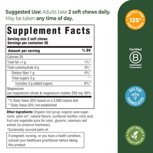 MegaFood Relax + Calm Magnesium Supplement - Soft Chews with Magnesium Citrate & Magnesium Malate for Heart Health, Muscle Tension & More - Vegetarian - Grape-Flavor - 60 Chews per Pack (30 Servings)