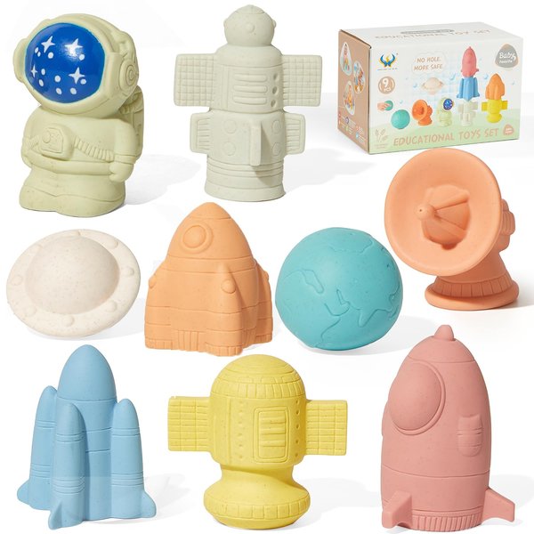 AMCHSURI Mold Free Bath Toys for Babies 6-12 Months, 9 Pack No Holes Astronaut & Rocket Ship Bath Toys, Safe and Non Toxic Floating Pool Bathtub Toy