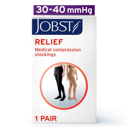 JOBST Relief Waist High Graduated Compression Stockings 30-40mmHg - Comfortable Unisex Design - Closed Toe, Beige, Small