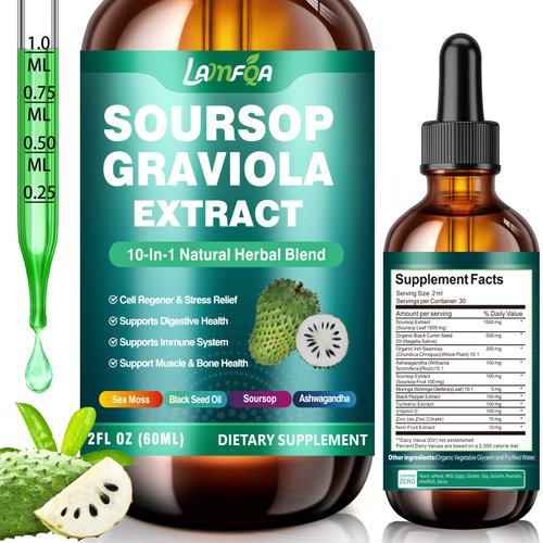 Soursop Bitters Liquid 10-in-1 with Ashwagandha, Black Seed Oil & Turmeric for Immune Support, Gut Health, Cell Regeneration & Antioxidant, Vegan, Non-GMO, Sugar-Free, 2 Fl Oz