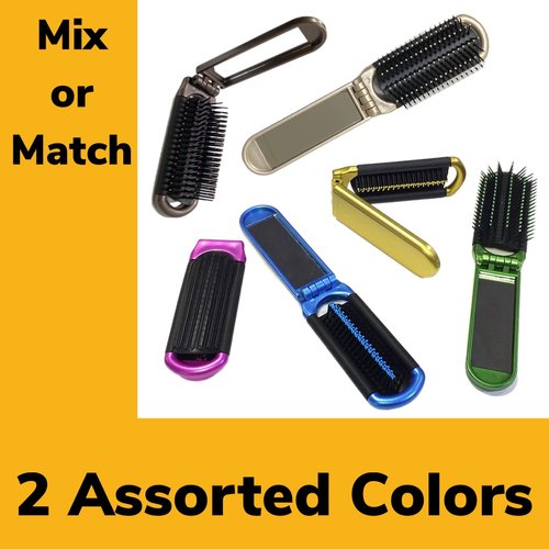 ALAZCO 2 Assorted Colors Folding Hair Brush With Mirror Compact Pocket Size Travel Car Gym Bag Purse Locker Swimming Camping Sleepover Gift and more