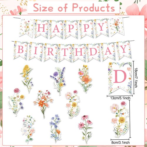Rngmsi Flower Birthday Decorations for Girls - 11PCS Girls Birthday Party Decorations Wildflower Happy Birthday Banner Garland Flower Hanging Swirls Decorations Birthday Party Decorations for Women