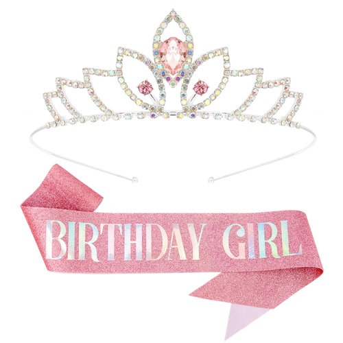 CUBACO Birthday Tiaras for Girls,Pink Birthday Crown Decorations and "Birthday Girl" Sashes for Women Birthday Girl Headband Suitable Princess Party Decorations Birthday Gifts for Women