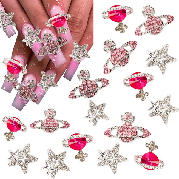 COOSLIM 15PCS Pink Planet Nail Charms 3D Star Nail Art Charms Pink Saturn Planet Nail Gems Silver Dangle Star Charms for Nails Art Shiny Starlight Y2K Style Nail Decoration for Manicure Design 2