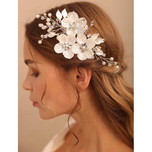 BERYUAN White Flower Hair Clip for Women Flower Rhinestone Wedding Hair Accessory（Silver）