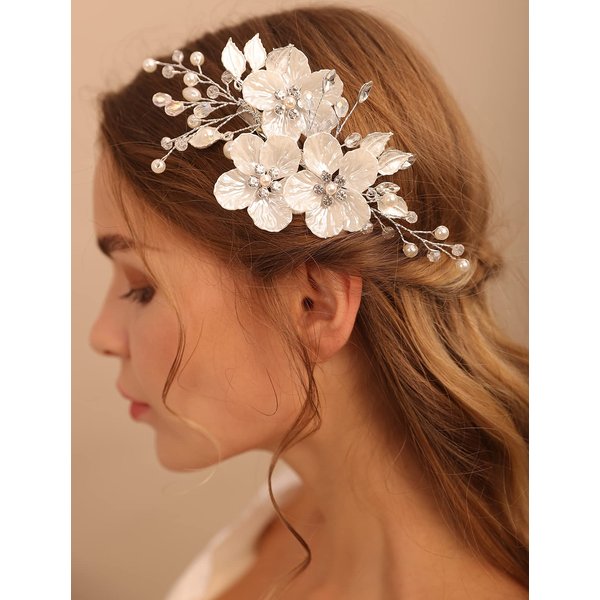 BERYUAN White Flower Hair Clip for Women Flower Rhinestone Wedding Hair Accessory（Silver）