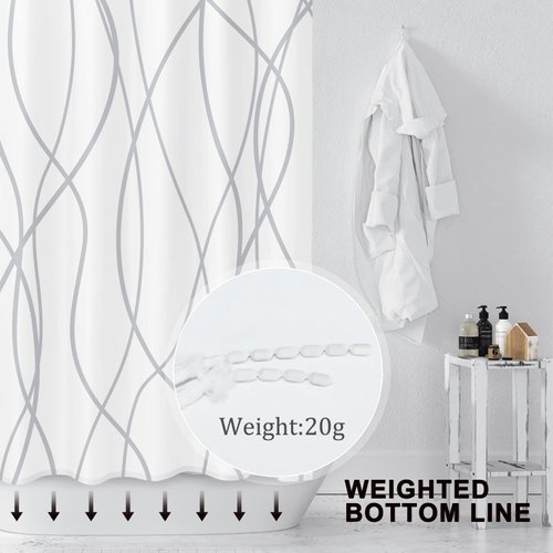 Punkray Grey and White Striped Fabric Shower Curtain for Bathroom with 12 Hooks, Curtains 72 Inches Long, Weighted Hem,Waterproof Bath Accessories Hotel Style - Machine Washable