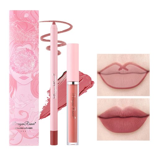 2Pcs Red Brown Lip Liner Pencil and Lipstick Set,Velvety Creamy Matte Lip Liner Not Fade No Smudge Lip Crayon Lip Stain Long Lasting Waterproof High Pigmented Lip Pencil Liner Makeup Kit for Women Girls (#04)