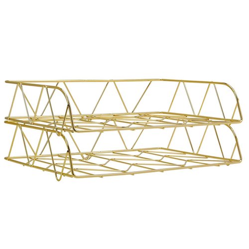 PAG 2 Packs Desktop File Organizer Metal Stackable Horizontal Letter Tray Paper Holder Rack, Gold