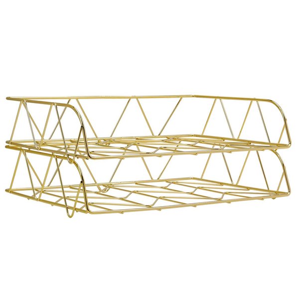 PAG 2 Packs Desktop File Organizer Metal Stackable Horizontal Letter Tray Paper Holder Rack, Gold