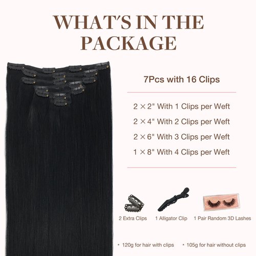 GOO GOO Clip in Hair Extensions Real Human Hair, 16inch 120g 7Pcs, 1 Jet black, Remy Human Hair Extensions Clip ins for Women, Natural Human Hair