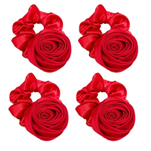 4 Pcs Wine Red Vintage Rose Flower Elastics Hair Ties Silk Satin Scrunchies Hair Band Ponytail Holders Hair Accessories for Women Girls, Hair Accessories Hair Accessories