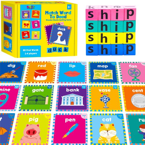 Word Spelling Game, 80 First Words with Wooden Alphabet Puzzle Blocks CVC Words Sight Words Learning Letter Matching Game Montessori Early Educational Toys for Preschool Kindergarten