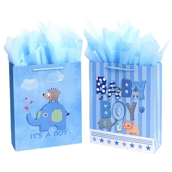 12.5" Medium Baby Gift Bags with Tissue Papers for Baby Showers 2-Pack (Blue)