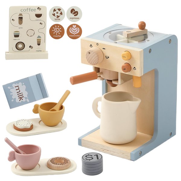 Ikubigu Kids Coffee Maker Playset Wooden Kitchen Toys for Toddlers - 15PCS Toy Coffee Maker Play Kitchen Accessories for Girls & Boys Pretend Play Kids Coffee Maker Toys - Ideal Gift