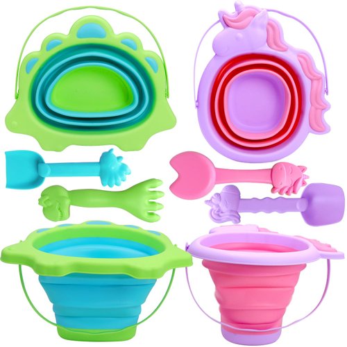 wagkew 2 Packs Foldable Beach Bucket Set, 2.5L Multi Purpose Sand Buckets and Shovels for Boys and Girls, Collapsible Sand Toys for Beach Party, Fun Summer Activities for Kids （Unicorn and Dinosaur）