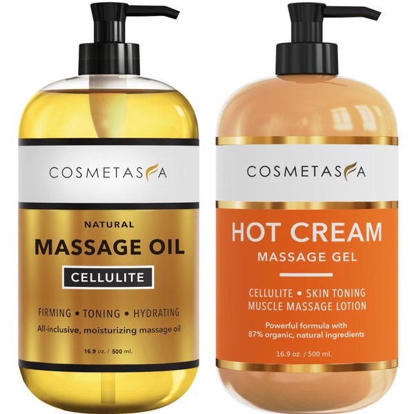 Cellulite Massage Oil & Hot Cream - 100% Natural Cellulite Oil & Gel, Highly Absorbable, Firm, Tone, Tighten & Moisturize Skin - Soothes Muscles (16.9 Fl Oz each bottle)