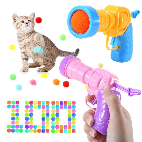 PAKESI 102Pcs Cat Ball Toy Launcher Gun，Cat Balls Fetch Toy - Includes 100 Colorful Plush Cat Balls and 2 Exciting Launchers Set，for Bored Indoor Adult Cats, Cute Kitten Kitty Toys