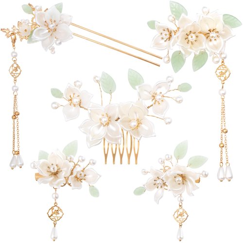 HINZIC 5PCS Camellia Flower Tassels Hairpins Crystal Pearl Hair Clips Combs Vintage Chinese Japanese Hanfu Jewelry Wedding Bridal Headpiece Accessories for Women Updo Long Hair