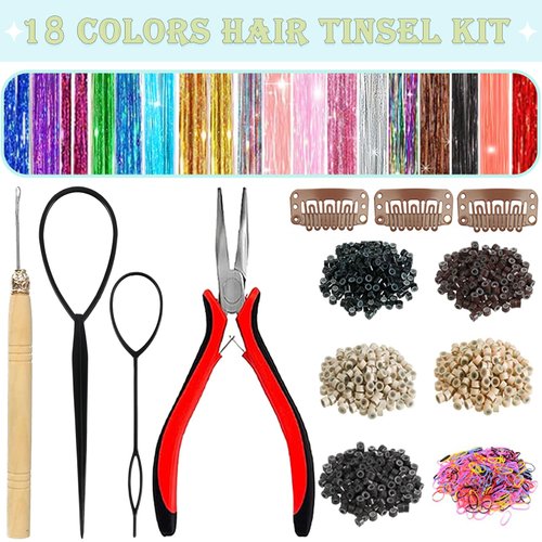 Hair Tinsel, 18 Colors Hair Tinsel Kit for Girls 7600 Strands Fairy Tinsel Hair Extensions Holographic Hair Tinsel Heat Resistant Colored Hair Glitter Christmas Party Festival (18 colors)