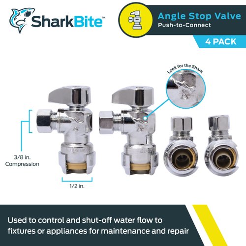 SharkBite 1/2 x 3/8 Inch Compression Angle Stop Valve, Pack of 4, Quarter Turn, Push to Connect Brass Plumbing Fitting, PEX Pipe, Copper, CPVC, PE-RT, HDPE, 23036LFA4