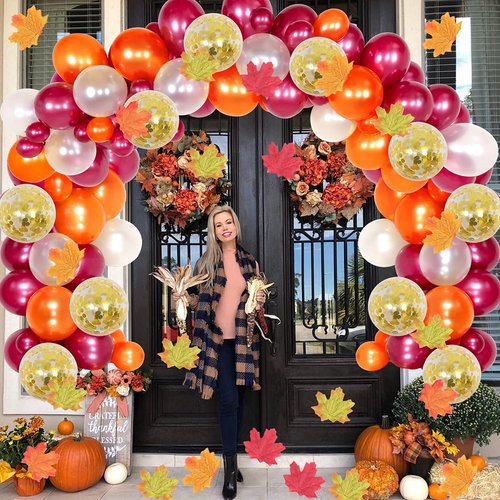 Friendsgiving Party Decorations Balloon Garland Arch Kit Burgundy Orange with Friends Giving Balloons Maple Leaves for Fall Thanksgiving Day Party Supplies