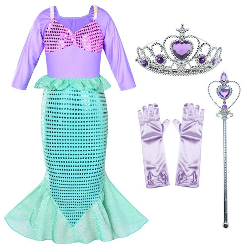 Little Girls Mermaid Costume Princess Dress Up for Birthday with Accessories(Gloves+Crown+Wand) 6-7 Years(130cm)