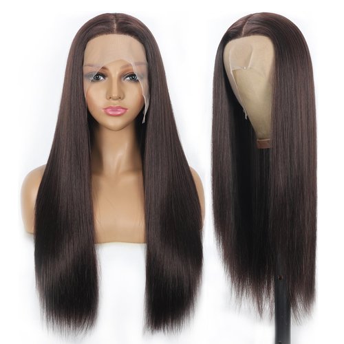 Sibeth Long Straight T Part Lace Front Wigs Chocolate Brown Glueless Synthetic Heat Resistant Fiber Pre-Plucked Wigs Handhook Natural Hairline Wig For Women 26 Inch (Brown)