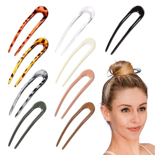 Lawie 9 Pack Resin Plastic Chopsticks Tortoise Shell U Shaped Hair Sticks Pins Picks Long Fork Pen Carved Hairpins Clips Barrettes for Bun Chignon Decorative Hair Accessories