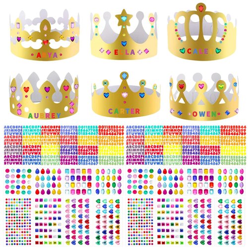 Axeyil 76 Pcs Paper Crowns for Kids Boys Girls Adults Princess Prince King, Classroom Crown, Birthday Party Hats with Gold Gem Jewels Number Letter Stickers, DIY Decor Favor Supplies