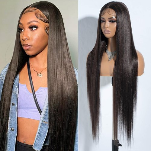 Joedir 34" Long Yaki Straight Lace Front Synthetic Wigs Middle Part HD Transparent Glueless Lace Wig Heat Resistant Fiber Pre Plucked Hairline with Baby Hair Wig for Women(Chocolate Brown Color)