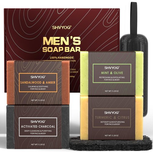 SHVYOG 4 Pcs Mens Soap, Mens Bar Soap, Natural Soap for Men, Cold Pressed Handmade Exfoliating Soap, Deep Cleansing, Moisturizing Bar Soap for Body & Face - Sandalwood Amber, Mint, Charcoal, Turmeric