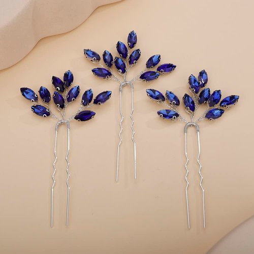 Teyglen 3pcs Bridal Crystal Hair Pins Rhinestones Hair Pieces Simple Crystal Wedding Hair Accessories Handmade Hair Pins for Women Bride Girls (Blue)