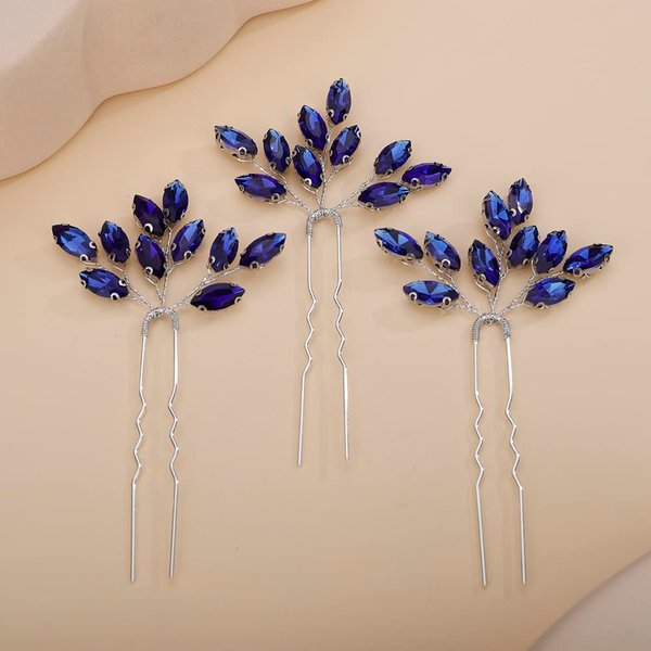 Teyglen 3pcs Bridal Crystal Hair Pins Rhinestones Hair Pieces Simple Crystal Wedding Hair Accessories Handmade Hair Pins for Women Bride Girls (Blue)