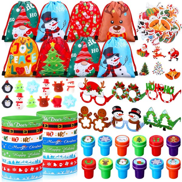 Blosssound 110 Pcs Christmas Party Favors Christmas Drawstring Backpack Xmas Stress Toys Bracelets Stampers Paper Glasses Stickers for Christmas Gifts Xmas Stocking Stuffers Xmas Party Supplies