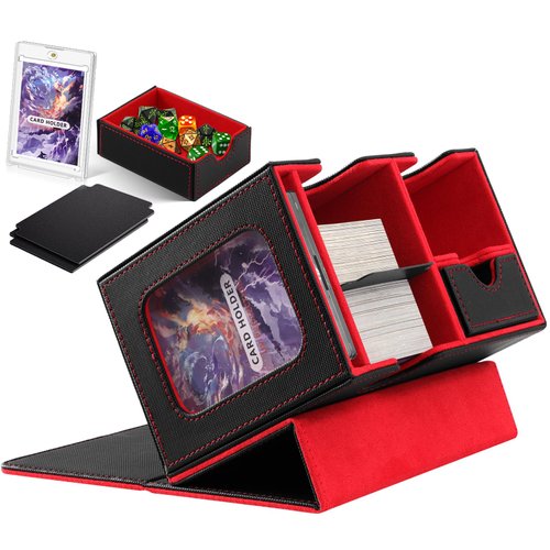 Card Deck Box with Display Window, Commander Deck Box Fits 200 Double-Sleeved Cards with 2 dividers(Red)