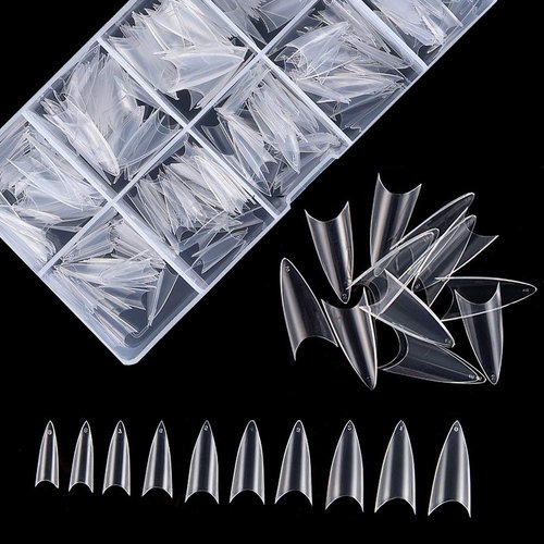 Beuniar Stiletto Nail Tips 500Pcs Short Sharp Ending False Acrylic Nails Tip Half Cover 10 Sizes with Box for Nail Salons Home DIY (Clear)