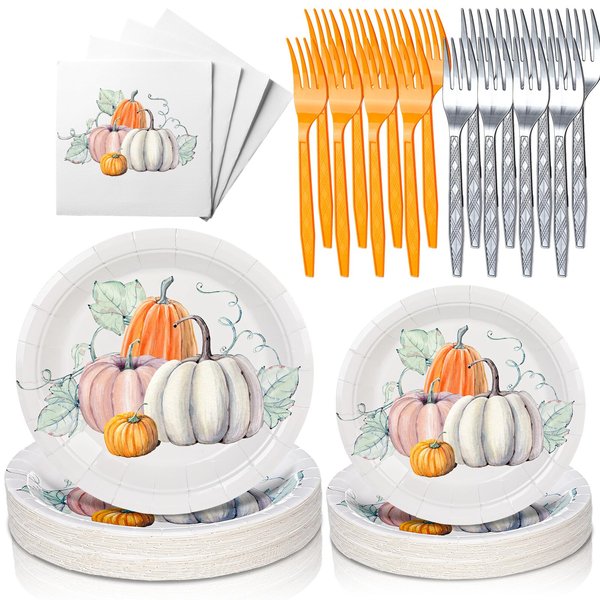 Uiifan 96 Pcs Thanksgiving Party Decorations Party Supplies Set 48 Pumpkin Harvest Plates 24 Fall Disposable Paper Napkins 24 Disposable Plastic Forks for Kitchen Baby Shower(Rustic Style)