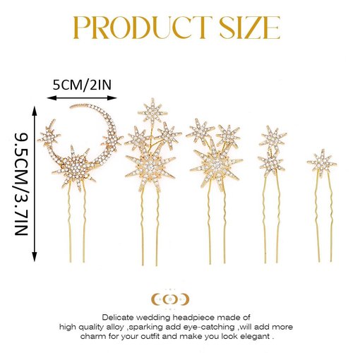 Unicra Star Moon Bride Wedding Hair Pins Crystal Bridal Hair Pieces Rhinestone Goddess Hair Accessories for Women and Girls (Pack of 5) (Gold)