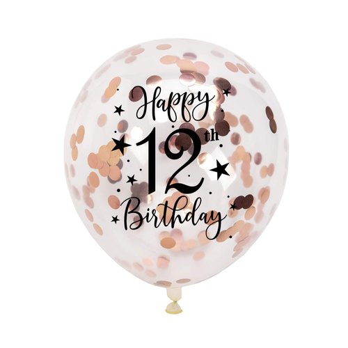 Rose Gold 12th Confetti Latex Balloons, Girls Happy 12 Years Birthday Party Balloon Decoration With Confetti, 12in, 16 Pack