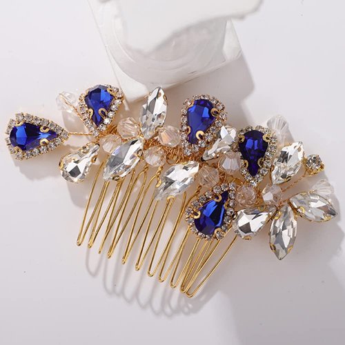 Bridal Hair Comb Rhinestone Teardrop Hair Comb for Bride Beaded Cute Hair Pieces Multi-Color (blue, GOLD)