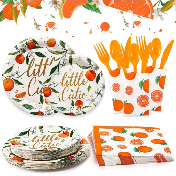 144 Pcs Little Cutie Party Tableware Set Fruit Fruit Orange Little Cutie Baby Shower Decorations Orange Napkins Summer Paper Plates Plastic Forks Spoons Knives for Baby Birthday Party Supplies