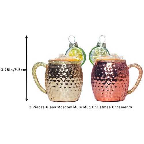 Set of 2 Glass Blown Christmas Ornaments Moscow Mule Mug, Drinks Drinking Blown Glass Cocktail Ornaments for Christmas Tree Decorations