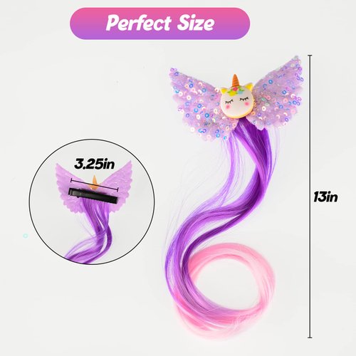 Ideal Swan 6 Set Unicorn Hair Extensions Clip - Colorful Curly Hair Extensions for Girls, Cute Unicorn Accessories Hair Clips for Kids Ponytails, Rainbow Thick Wig Clip in Fake Bangs (Curly Hair)