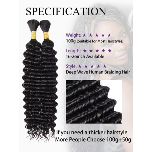 Human Braiding Hair Deep Wave Bulk Human Hair for Braiding 1 Bundle 100g 18 Inch No Weft 10A Brazilian Virgin Curly Human Hair Extensions for Boho Braids Wet and Wavy Human Hair Braiding Hair